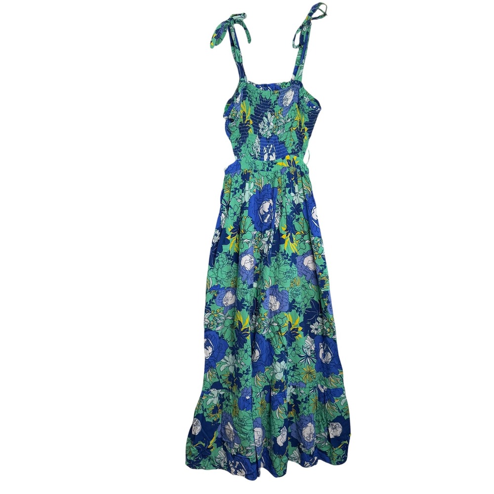 Japna Blue Green Floral Smocked Maxi Dress Tie Straps Sleeveless Boho S